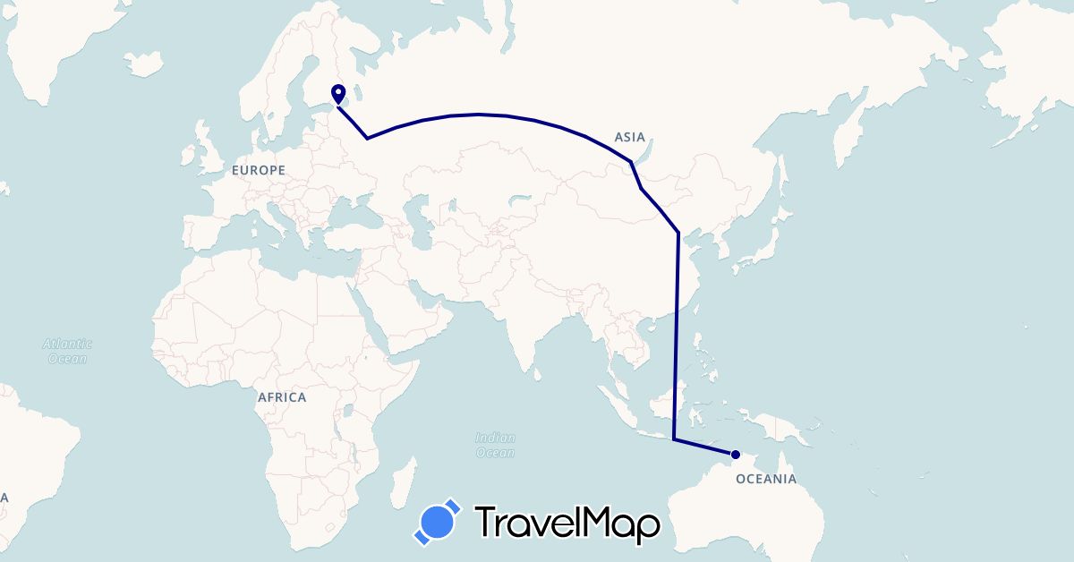 TravelMap itinerary: driving in Australia, China, Indonesia, Mongolia, Russia (Asia, Europe, Oceania)